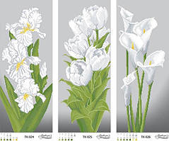 Триптих сіро-зелені іриси, тюльпани, кали ТК-036 Барвиста Вишиванка Заготовка для вишивки картини 69x58см