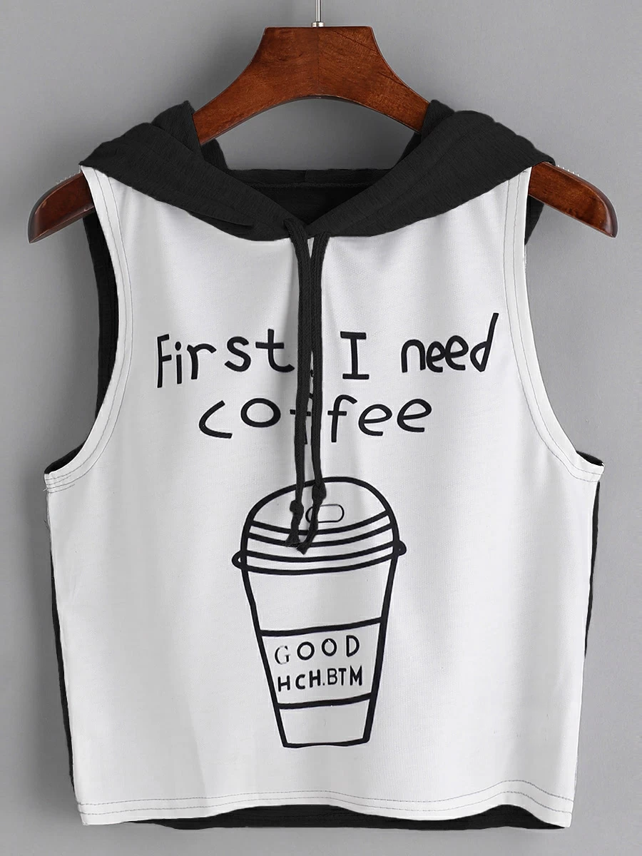 Футболка жіноча майка з капюшоном, принт (first i need coffee)