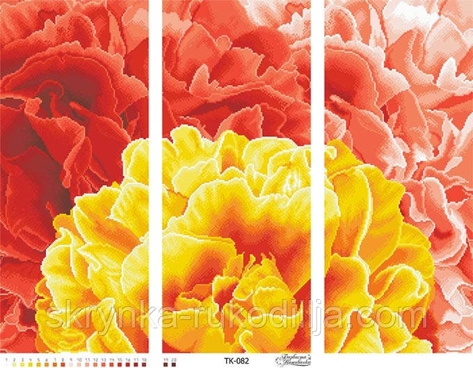 Схема Триптих розкішні жовто-червоні півонії ТК082 на тканині для вишивання картина (Барвиста Вишиванка)
