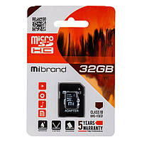 Карта Памяти Mibrand MicroSDHC 32gb 10 Class с SD Adapter для видеорегистратора, фотоаппарата, телефона