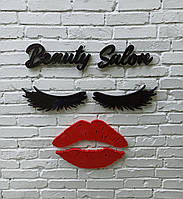 Логотип, декор на стіну в салон, студію краси. Червоні губи, вії та назва.