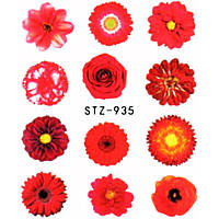 Наклейки для Ногтей Водные Красные, Серия STZ 935 Цветы, Розы, Астры, Дизайн Ногтей, Маникюр