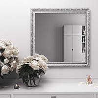 Квадратное настенное зеркало | 70х70 Белое с патиной серебра Black Mirror | Для туалетного столика | В спальню