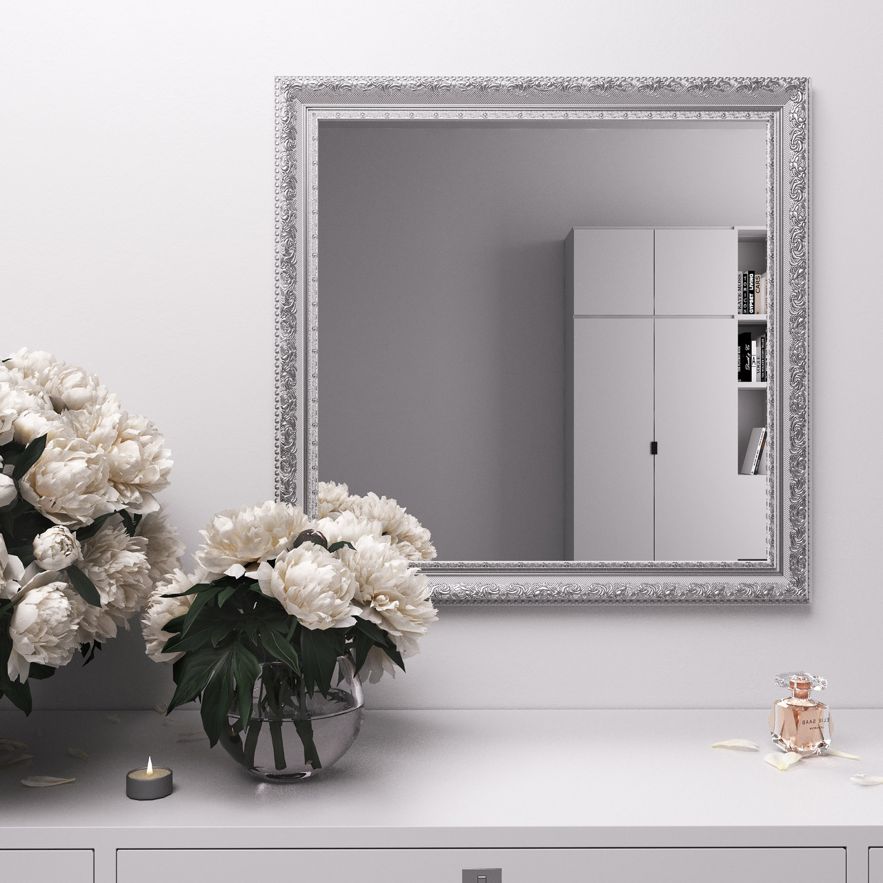 Квадратне настінне дзеркало | 70х70 Біле з патиною срібла Black Mirror | Для туалетного столика | У спальню | Ванну кімнату
