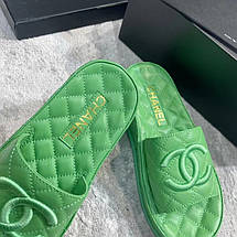 Жіночі зелені шкіряні шльопанці Chanel Шанель шкіра повсякденні на платформі шльопанці сандалі, фото 6