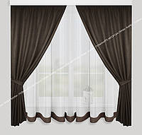 Штори та тюль в коричневому кольорі для кухонного вікна 2,9х1,6м - тюль, 1,4х1,6м - штори, кухонні фіранки