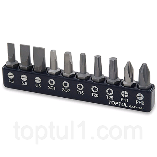 Набір біт для шурупокрута TOPTUL 1/4" 10 од. (PH,SL,Torx,SQ) GAAV1001