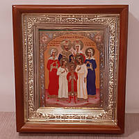 Икона святые царственные новомученики исповедники,  лик 10х12 см, в светлом прямом деревянном киоте