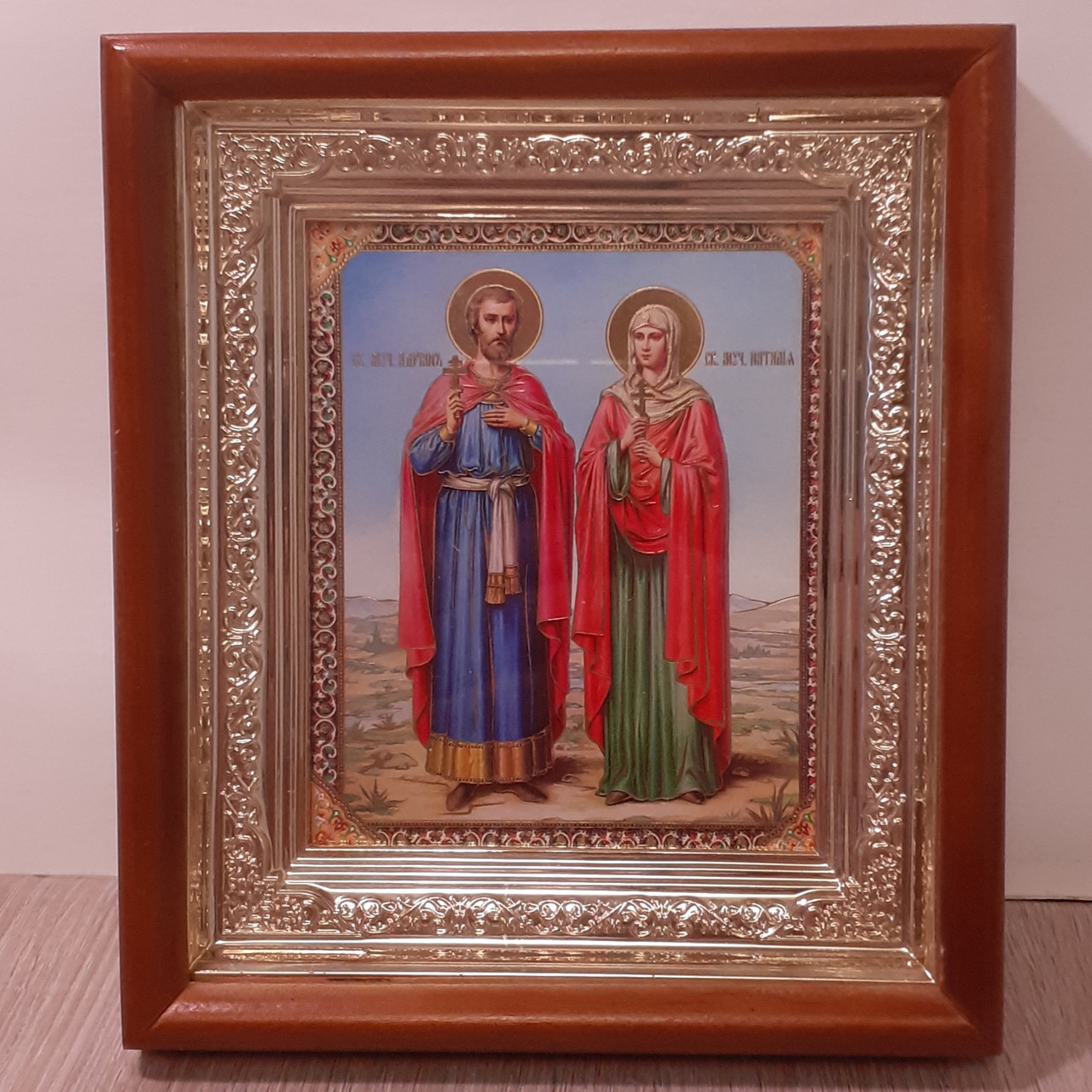 Ікона Адріан і Наталія святі мученики, лик 10х12 см, у світлому прямому дерев'яному кіоті, фото 1