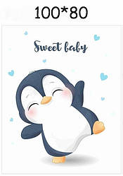 Панелька із сатину для дитячого пледа "Пінгвіни з написом Sweet baby" 80*100 см