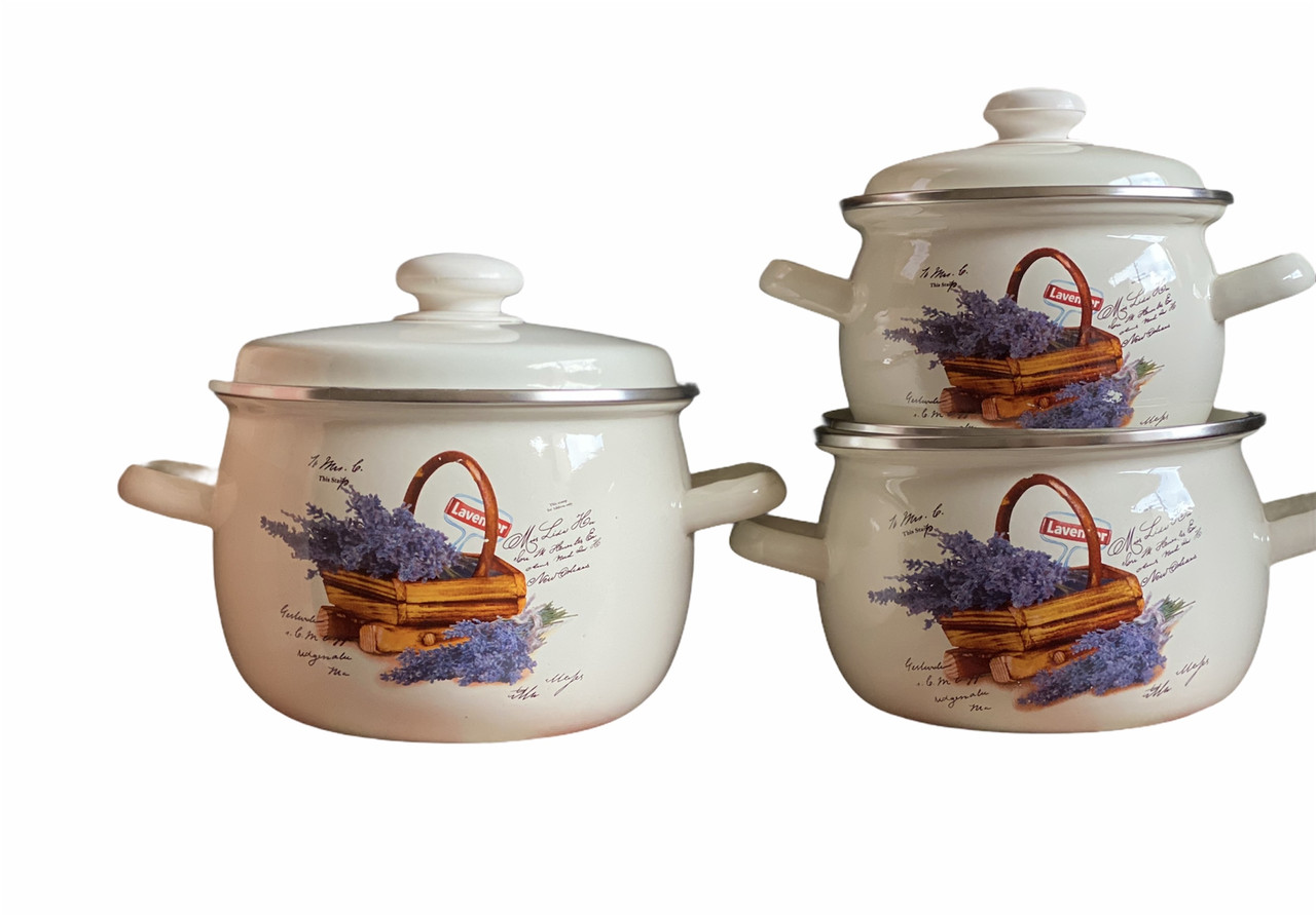 Емальований набір каструль No928 Кошик лаванди молочний Idilia