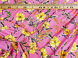 Льон натуральний стрейчевий. Жовті квіти на яскраво рожевому фоні № 2035, фото 3