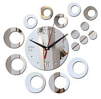 Часы зеркальные декоративные интерьерные наклейка на стену Серебро Круги 55*65