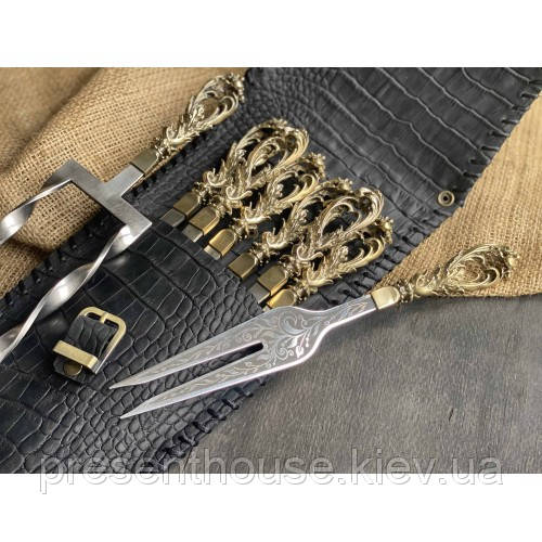 Набір шампурів ручної роботи "Бриз" в закритому сагайдаку + подвійний шампур + виделка, фото 1