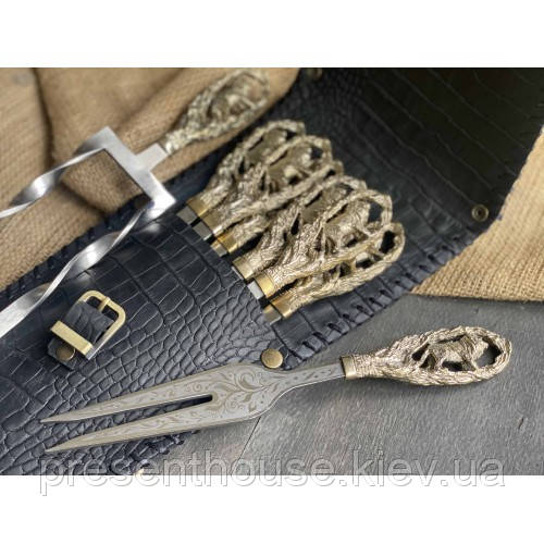 Набір шампурів ручної роботи "Леви" в закритому сагайдаку + подвійний шампур + виделка, фото 1