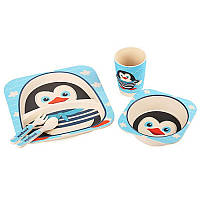Посуда детская бамбуковая "Пингвин" 5пр/наб (2 тарелки, вилка, ложка, стакан) MH-2770-14