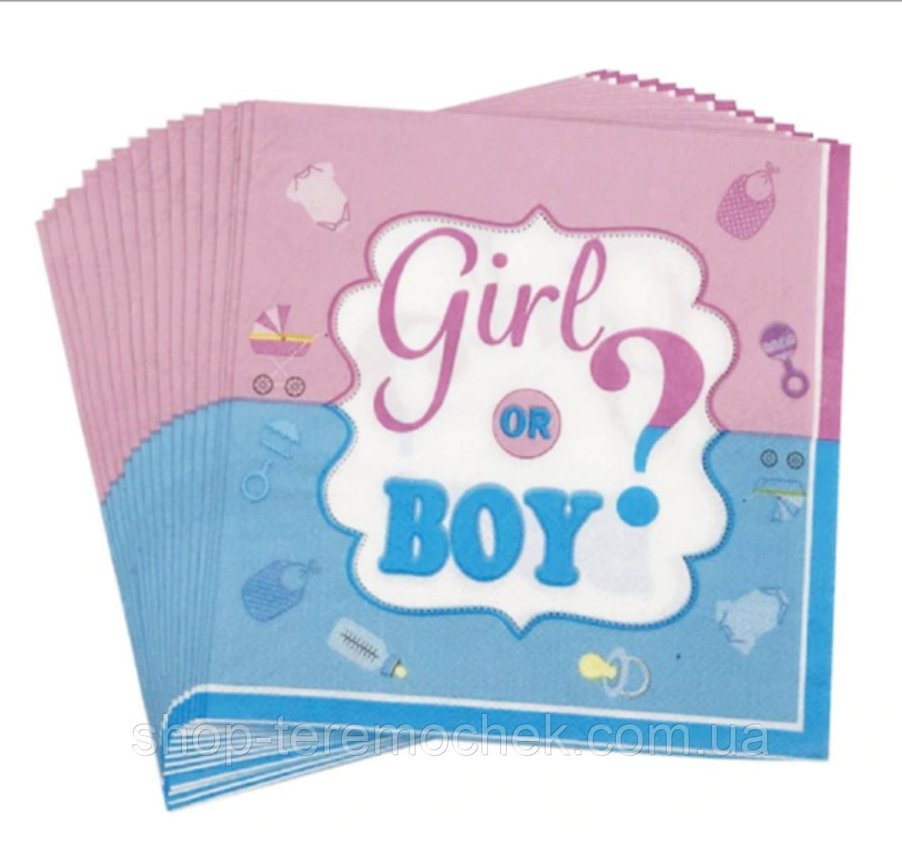 Серветки для гендер паті Baby shower Boy and girl набір паперових сервірувальних серветок 15 штук