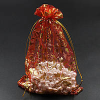Мішечок подарунковий червоний органза Квітковий золотий візерунок розмір 9/12 см із затяжками в пакованні 100 штук