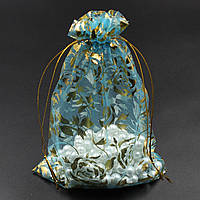 Мішечок подарунковий бірюзовий органза Квітковий золотий візерунок розмір 12/16 см із затяжками 100 штук у пакованні