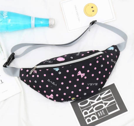 Маленька поясна сумка бананка Ведмедик Чорна в Рожевий Горошок, фото 1