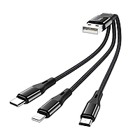 Кабель 3в1 для зарядки телефона MicroUSB+TypeC+Lightning 3-in-1 HOCO Combo Harbor X47 0.25м |2.4A| Черный