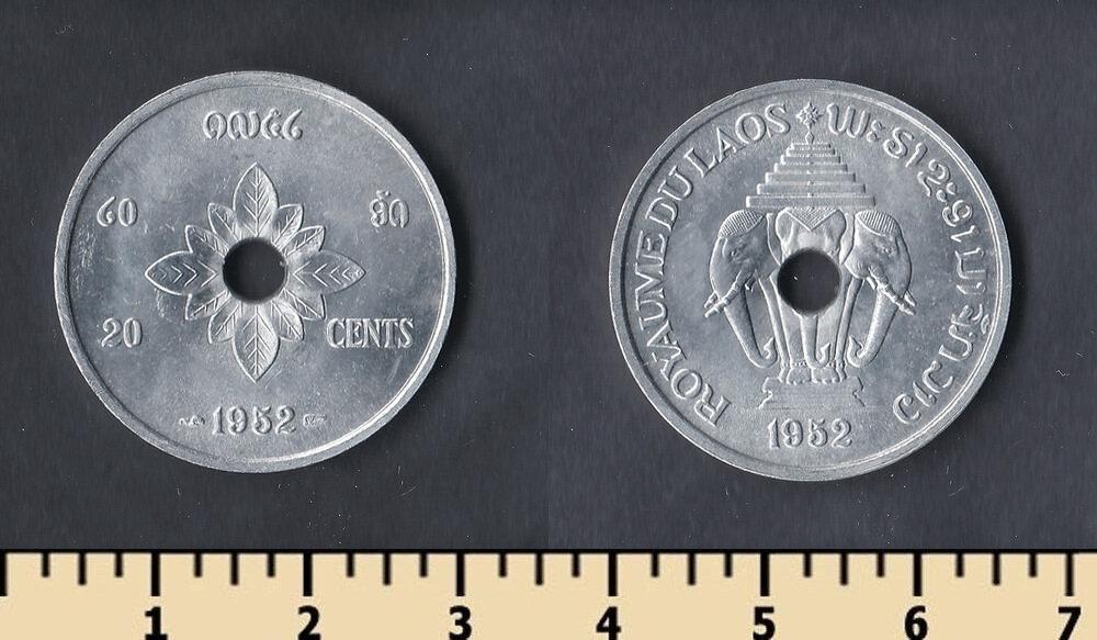 Лаос ≥ Королівство Лаос 20 сантімів, 1952 Алюміній, 2.23g, ø 27 mm No3369, фото 1