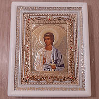 Икона Ангел Хранитель, лик 15х18 см, в белом киоте с камнями