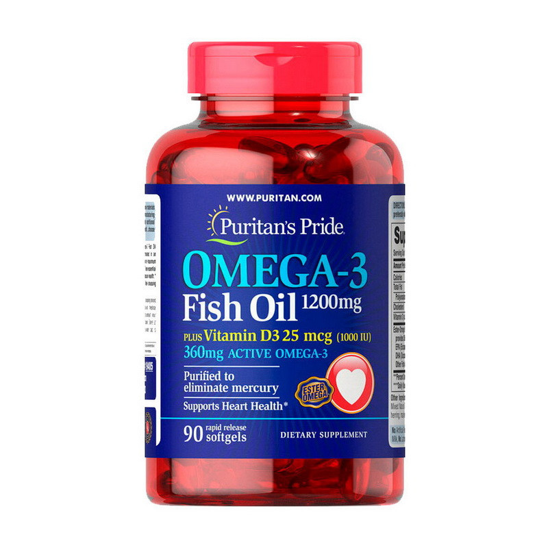 Омега 3 Puritan's Pride Omega-3 Fish Oil 1200 mg Plus Vitamin D3 1000 IU (90 капс) риб'ячий жир пурітанс прайд