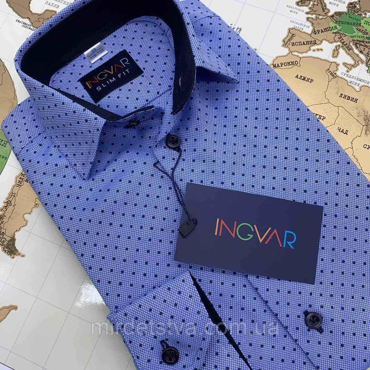 Дитяча стильна шкільна сорочка для хлопчика Ingvar синя з малюнком Slim fit 176-182