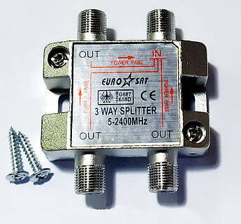 Дільник ТВ сигналу з проходом живлення EuroSat (3 Way Splitter PowerPass)