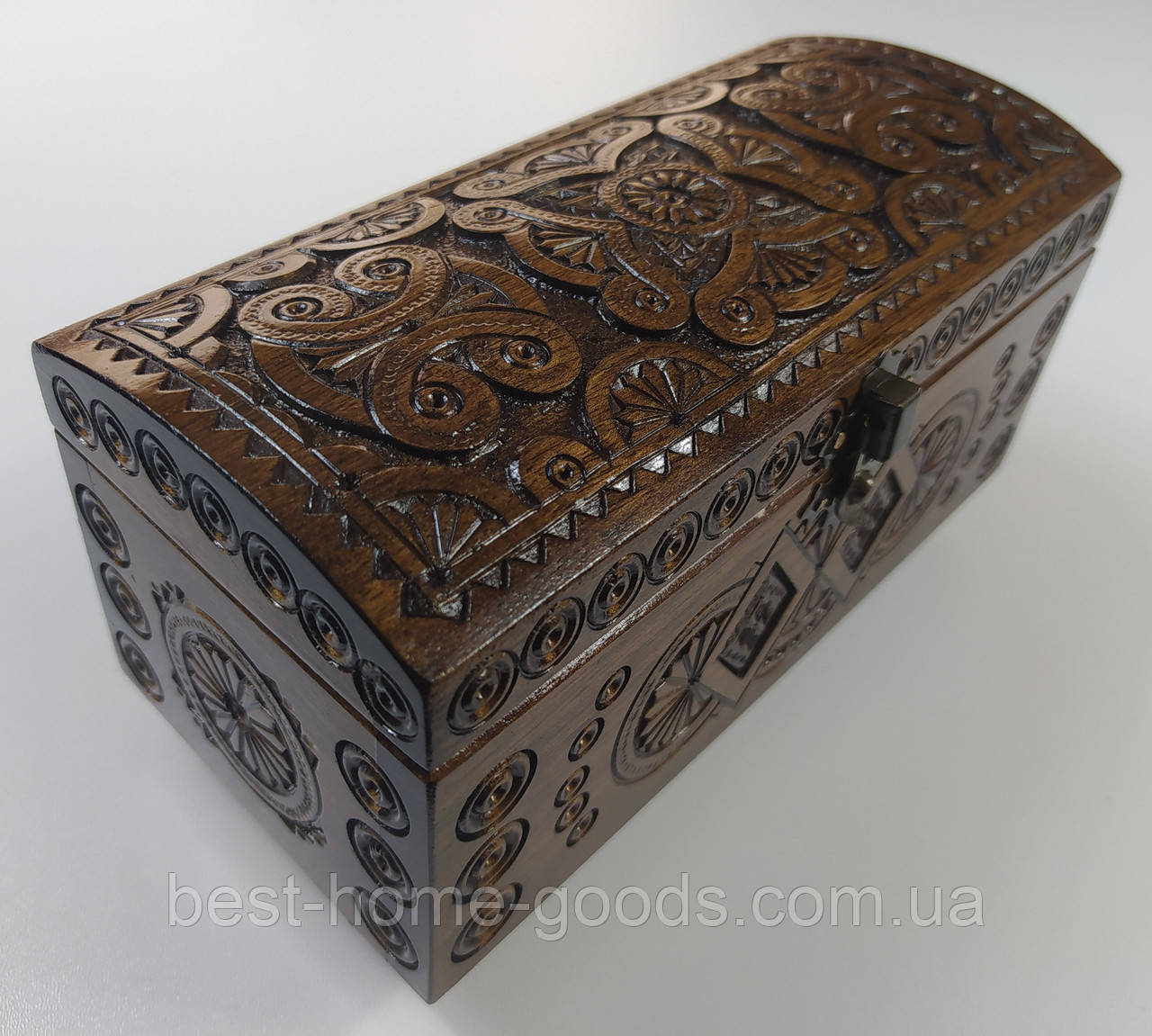 Різьблена дерев’яна шкатулка з горіха 18×8.8×10 см, оксамитове дно, коричнева | Шкатулка ручної роботи з натурального дерева, фото 1