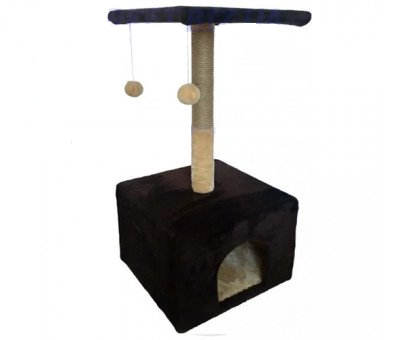 Кігтеточка для котів Пухнастик із будиночком і полицею шоколад 38×35×50 см, фото 1