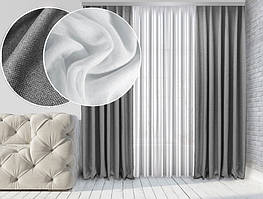 Комплект тюль і штори Натюрель Льон-Блекаут 2 шт Сірий Тюль Льон Лайт Білий