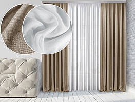 Комплект тюль і штори Натюрель Льон-Блекаут 2 шт Темний беж Тюль Льон Лайт Білий