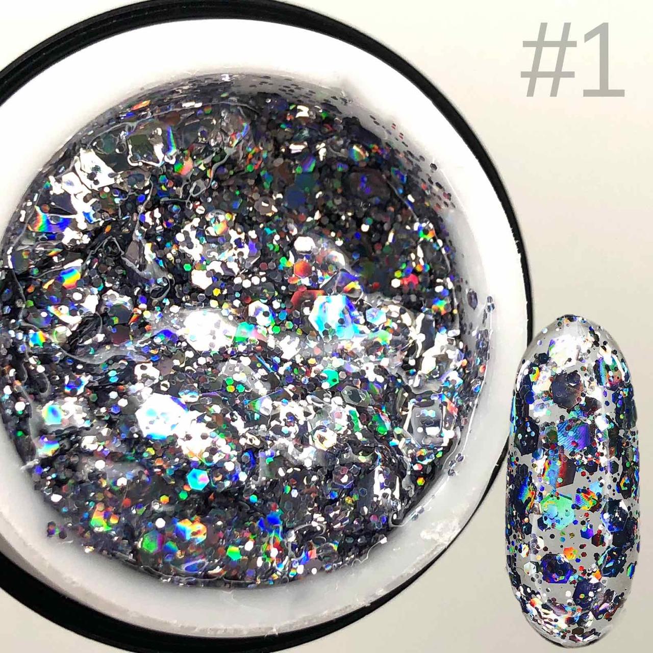 ГЕЛЬ ГЛІТТЕРНИЙ SAGA PROFESSIONAL GALAXY GLITTER 01 з голографічними сріблястимі частиноками, фото 1