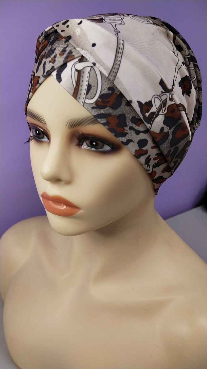 Зручна шапка чалма жіноча 54-58 рр з принтом  бежево серая с тигровым брендовая расцветка, фото 1