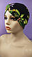 Удобная шапка чалма 54-58 рр женская черная  с зелеными листьями принтом трикотажная, фото 5