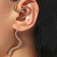 Монотерга Кафа Змія на ліве вухо Золотиста з білими кристалами Без проколювання Біжутерія Прикраси у формі змії