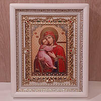 Ікона Володимирська Пресвята Богородиця, лик 15х18 см, в білому кіоті з камінням