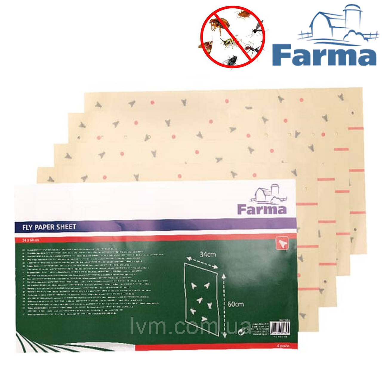 Пластина липка 34см*60см НАСТІННА (уп/4шт) одностороння, проти літаючих та повзаючих комах FARMA