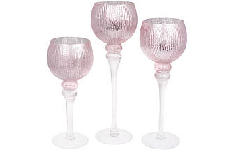 Набір (3 шт) скляних свічників, 30/35/40см, колір - рожеве срібло в мерехтливу пудру