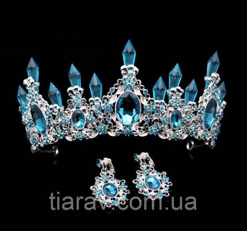 Діадема та сережки, корона та сережки, з блакитним камінням, набір прикрас