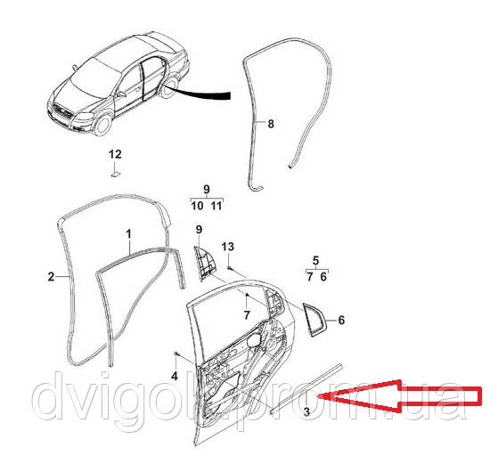 Уплотнитель стекла задней правой двери Chevrolet Aveo ЗАЗ Вида - фото 3 - id-p216780385