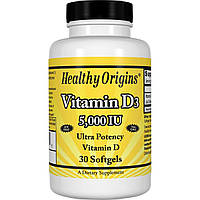 Витамин D3, Vitamin D3, 5000 IU, Healthy Origins, 30 капсул