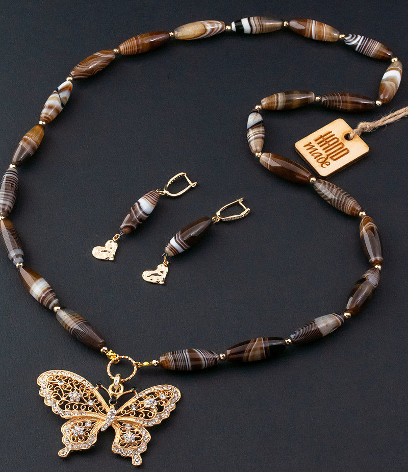 Комплект сотуар і сережки з натурального каменю агат "Карамельне" авторської роботи., фото 1