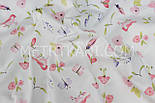 Сатин "Пташки, метелики, квіточки" рожеві на білому тлі № 160-60 з, фото 4