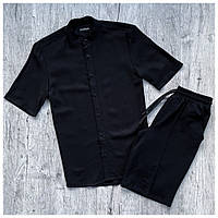 Мужской летний комплект черная льняная рубашка + черные шорты со стрелкой