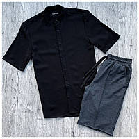 Мужской летний комплект черная льняная рубашка + серые шорты со стрелкой