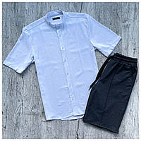 Мужской летний комплект белая льняная рубашка + серые шорты со стрелкой