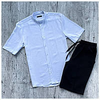 Мужской летний комплект белая льняная рубашка + черные шорты со стрелкой